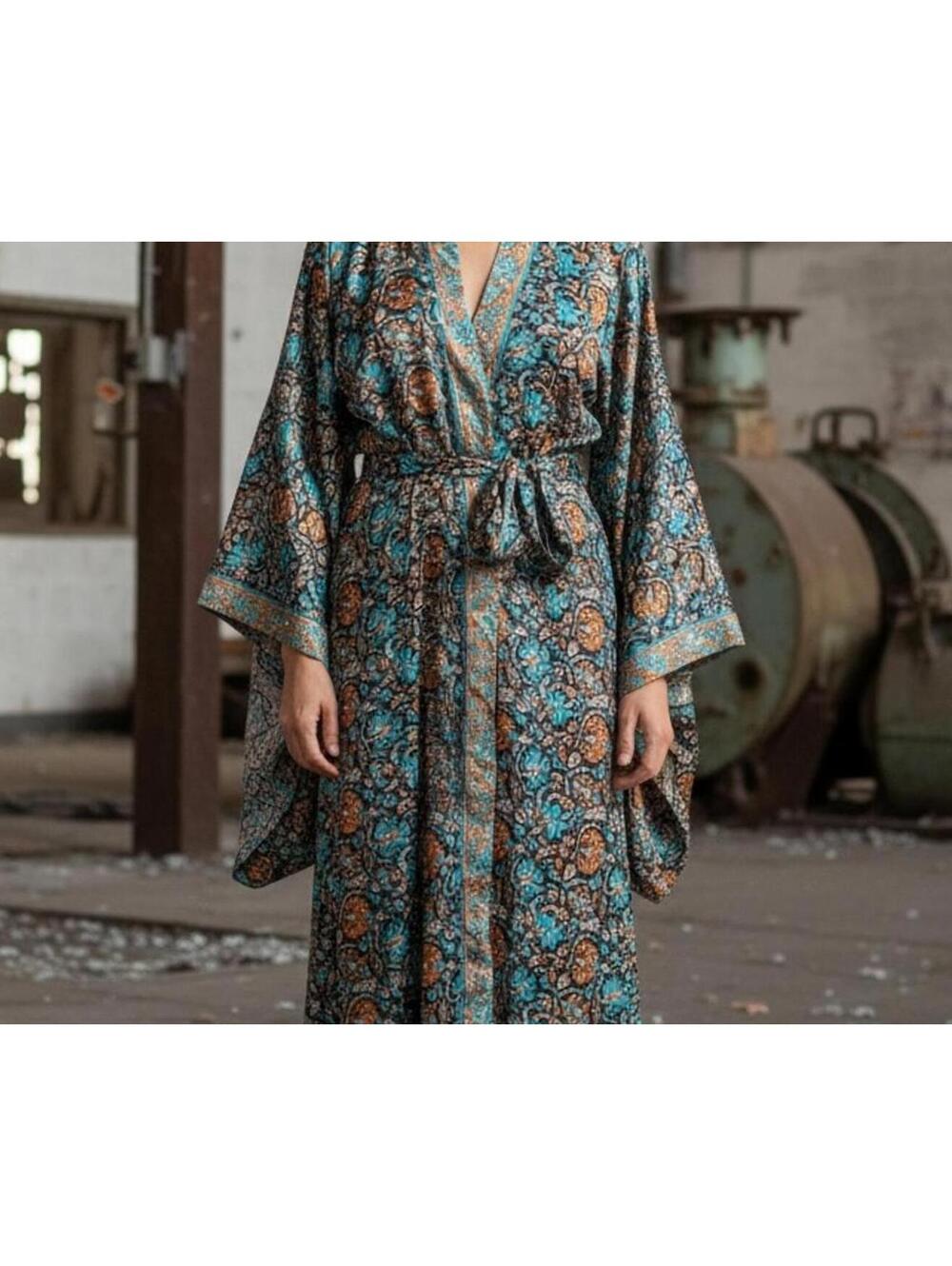 Bohemian Teal & Rust Printed Kimono Robe